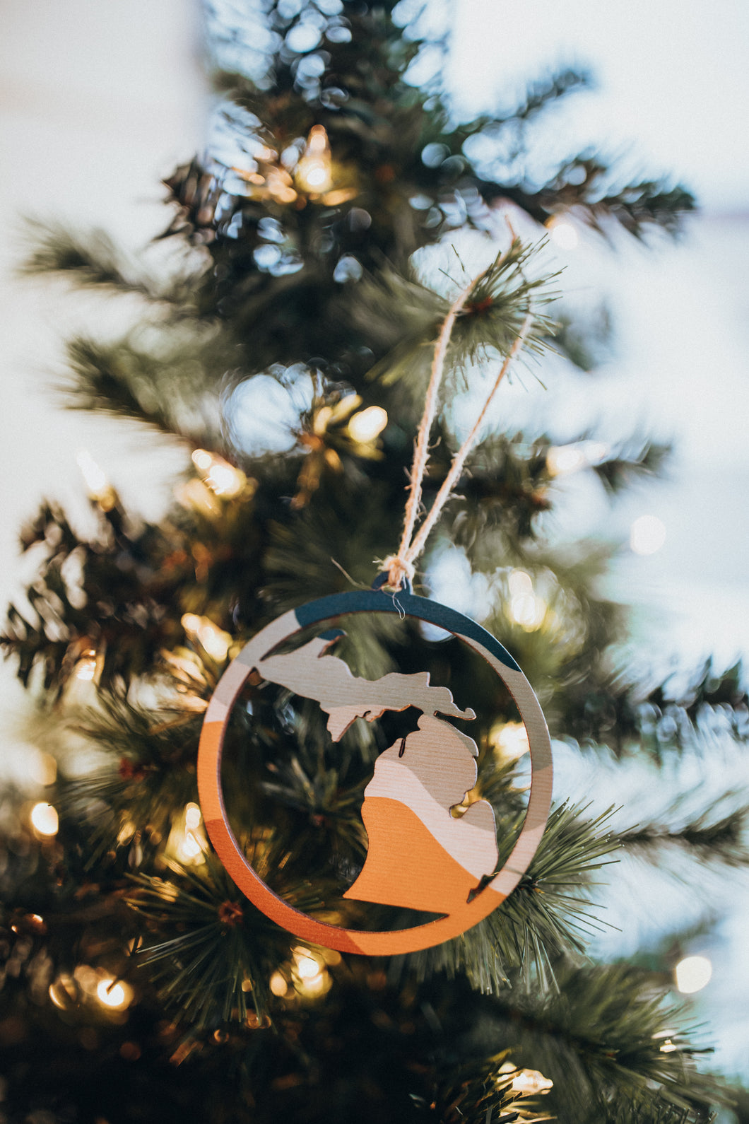 Michigan Orange + Blue Wave Round Wood Ornament